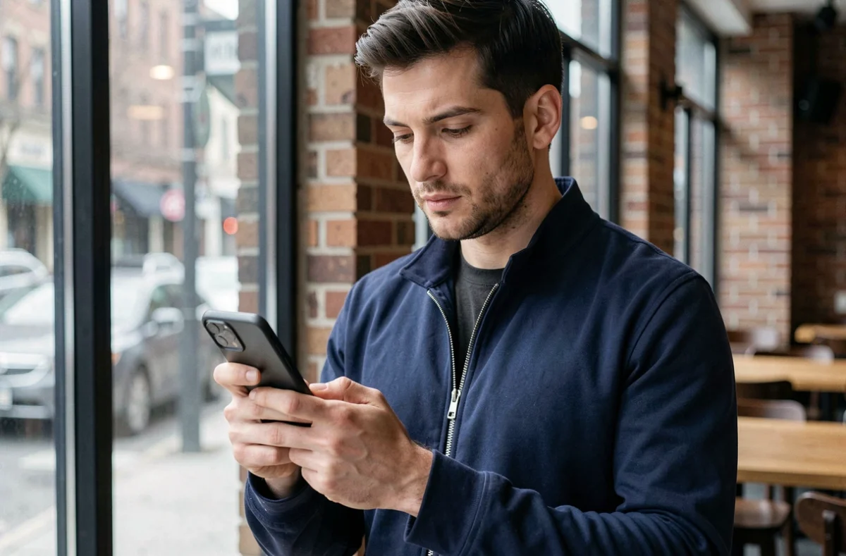 Homme vérifiant de manière anonyme une story Instagram dans un café urbain moderne