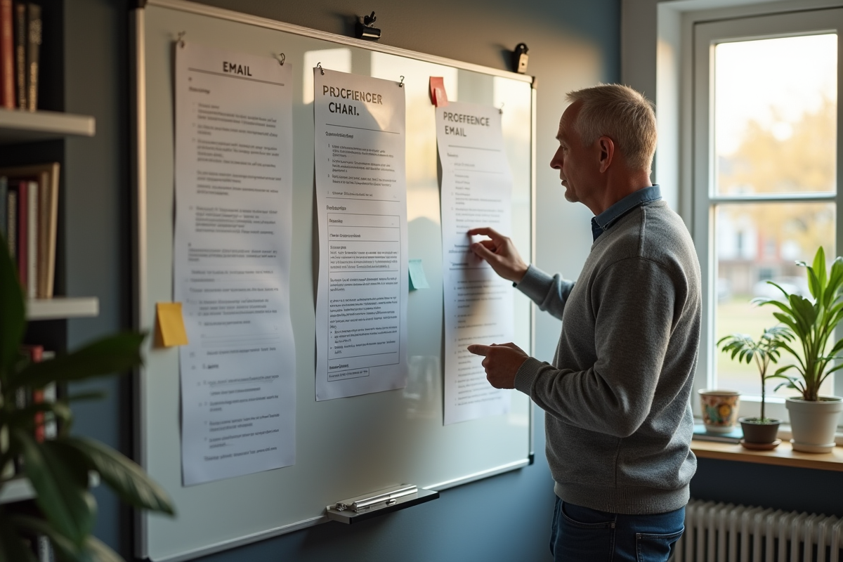 Homme lisant un tableau de preferences email dans son bureau