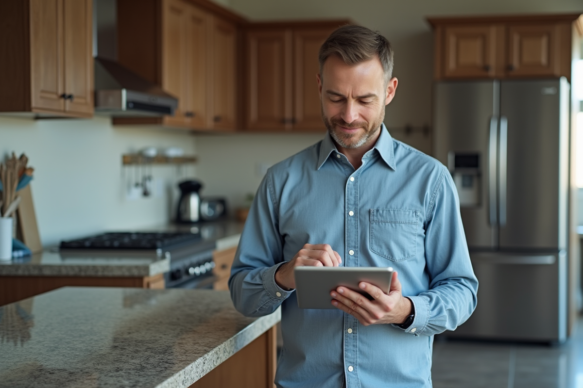 Homme entrant un code de sécurité sur sa tablette en cuisine