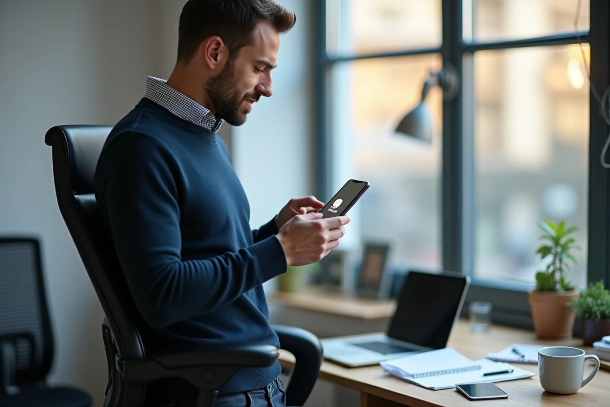 Homme en télétravail consultant son téléphone face à une panne de la messagerie Mel de Rennes