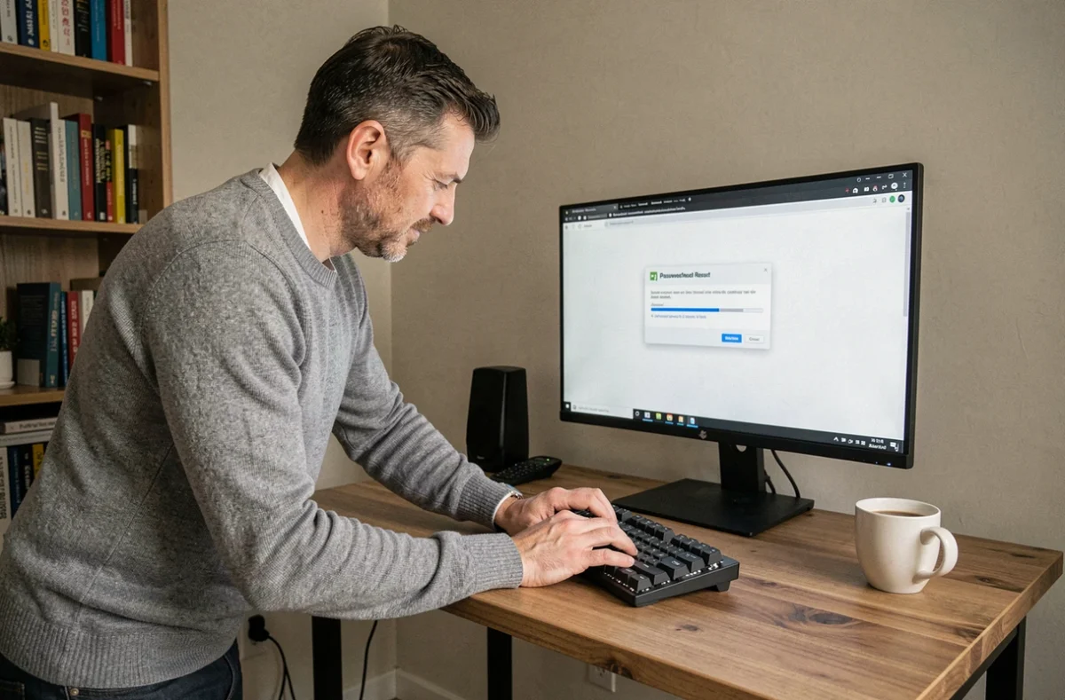 Homme en télétravail résolvant un problème de connexion et de mot de passe sur son ordinateur