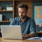 Homme concentré travaillant sur son ordinateur dans un bureau moderne
