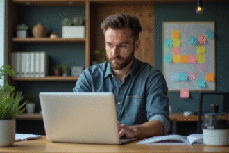 Homme concentré travaillant sur son ordinateur dans un bureau moderne
