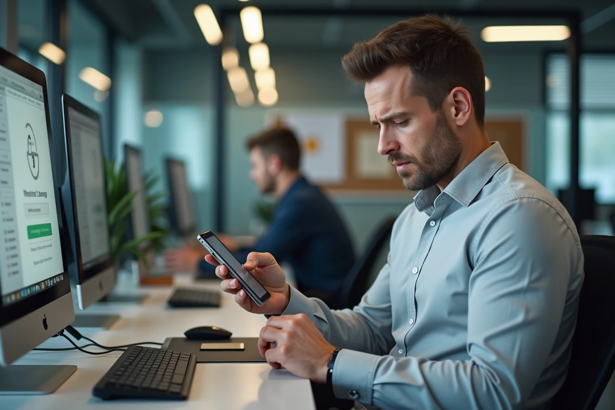 Homme au bureau vérifiant son smartphone et son écran