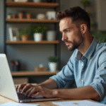 Homme concentré sur son ordinateur lors d'un upload de fichier