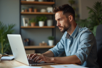 Homme concentré sur son ordinateur lors d'un upload de fichier