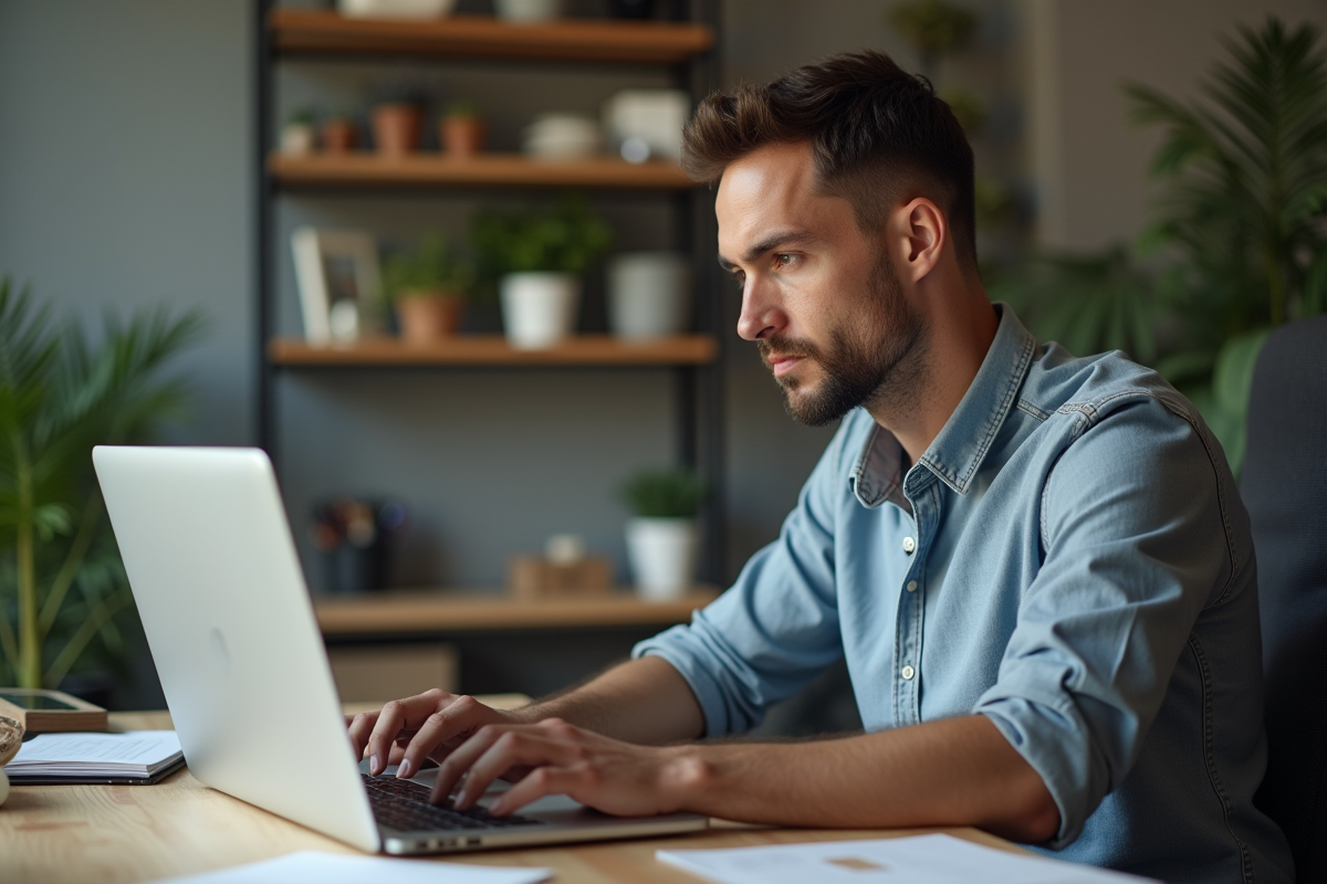Homme concentré sur son ordinateur lors d'un upload de fichier