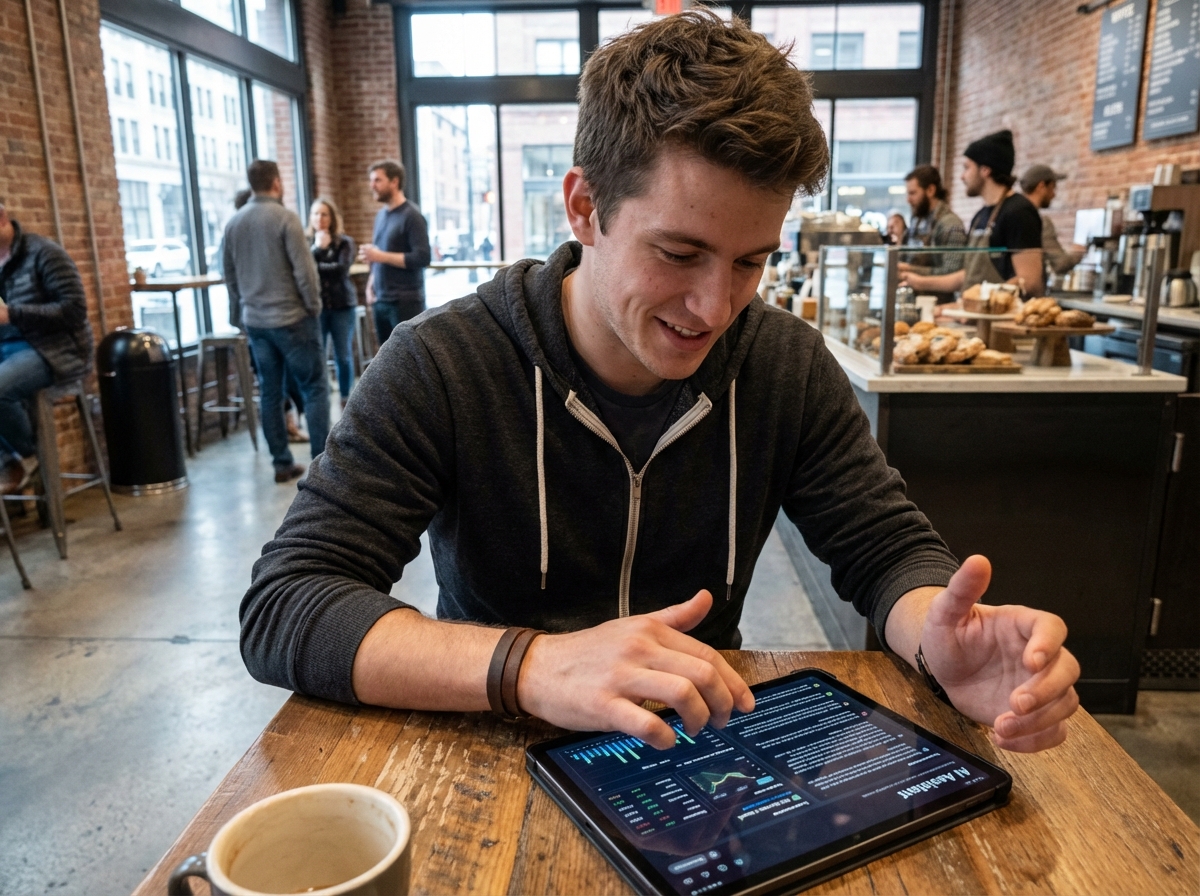 Jeune homme utilisant une tablette dans un café urbain