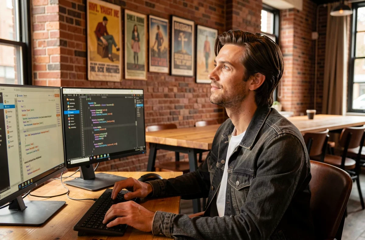 Hugo L., développeur freelance, travaillant sur un projet Vue.js dans un espace coworking au style industriel