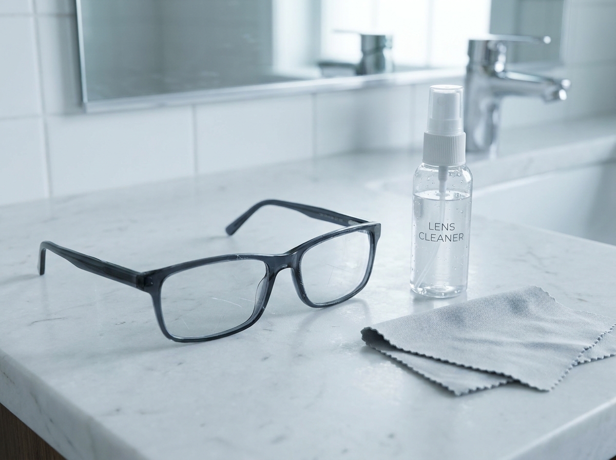 Lunettes de vue posées à côté d'un spray nettoyant et d'un chiffon en microfibre sur un plan de salle de bain, hygiène optique hivernale