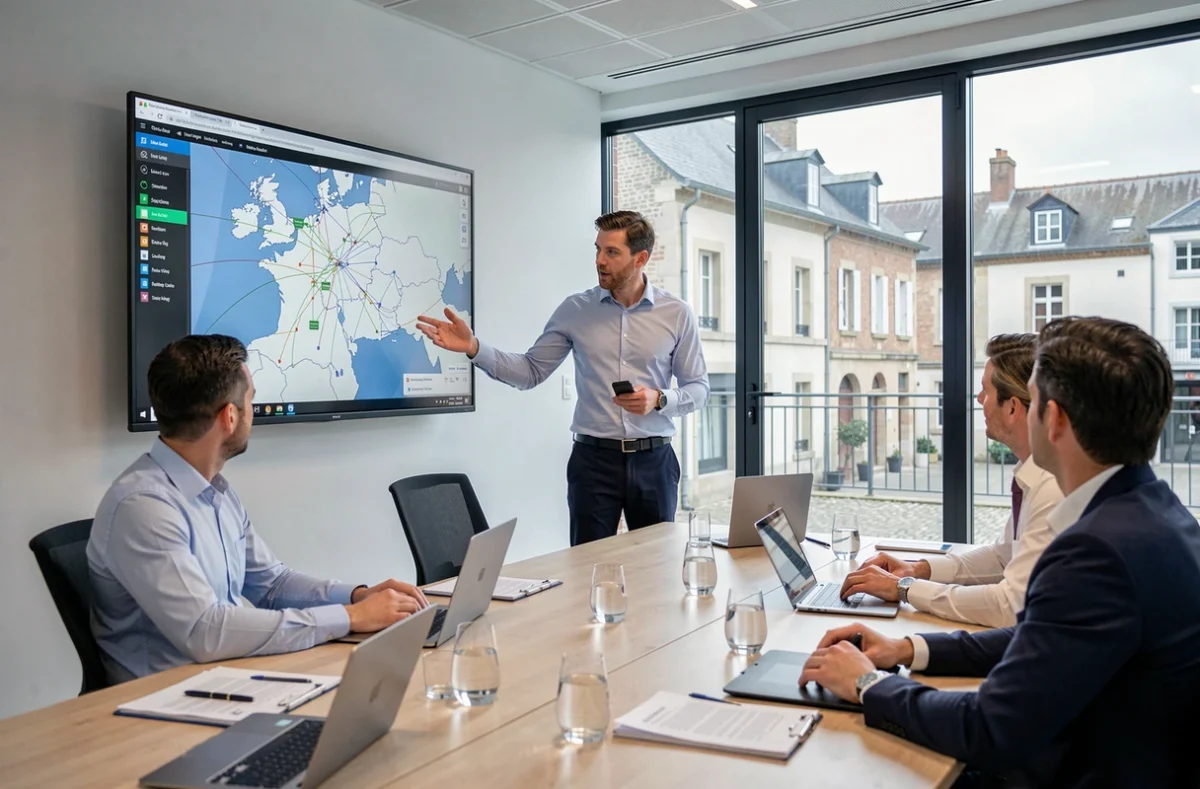 Consultant d'ICV Informatique présentant une solution réseau régionale pour des entreprises d'Indre-et-Loire en salle de réunion