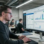 Ingénieur analysant des tableaux de bord d'hébergement web sur un écran ultrawide dans un bureau tech moderne