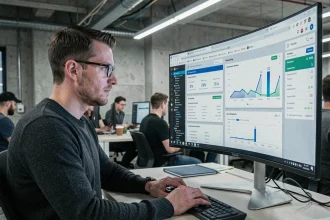 Ingénieur analysant des tableaux de bord d'hébergement web sur un écran ultrawide dans un bureau tech moderne