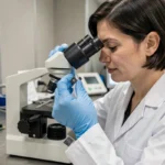 Ingénieure en salle blanche examinant un micro-capteur de précision sous microscope numérique, illustrant la conception de capteurs miniaturisés par Innovative Micro Technology
