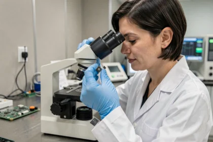 Ingénieure en salle blanche examinant un micro-capteur de précision sous microscope numérique, illustrant la conception de capteurs miniaturisés par Innovative Micro Technology