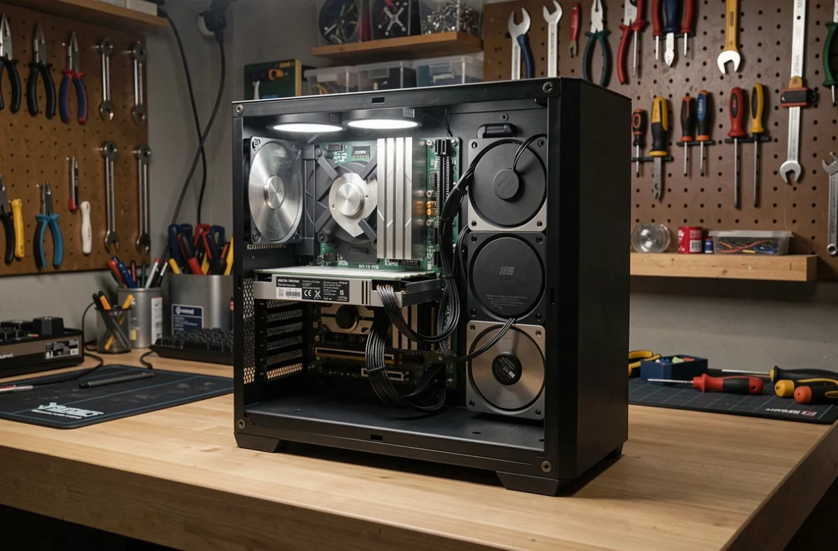 Intérieur d'un PC gaming ouvert montrant plusieurs disques durs NVMe et HDD montés sur un établi