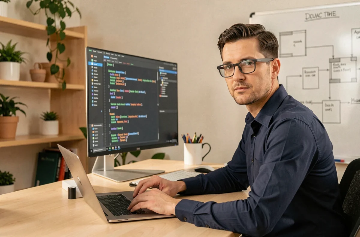 Jérôme Beller, développeur freelance senior, travaillant dans son bureau à domicile sur du code JavaScript