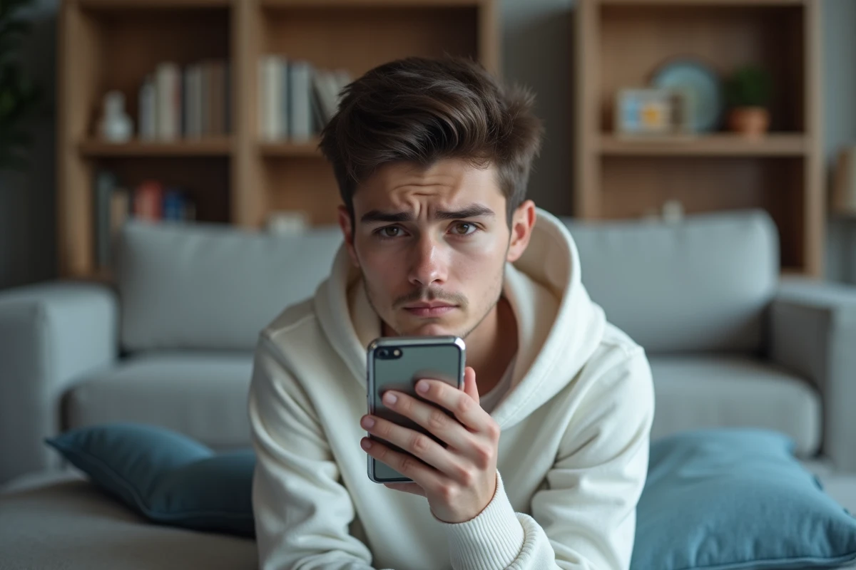 Jeune personne allongée sur un canapé tenant un smartphone et réfléchissant à bloquer ou supprimer un contact sur Messenger