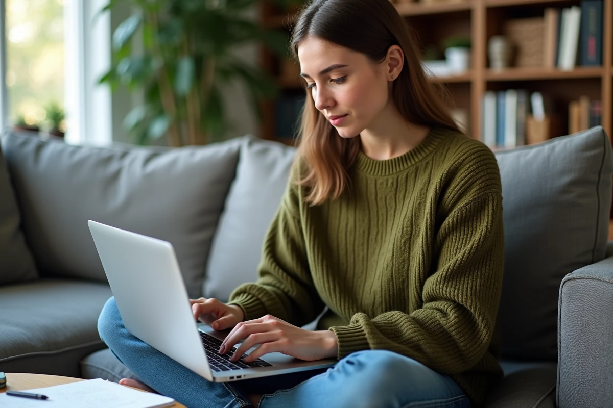 Jeune enseignante vérifiant ses emails académiques sur ordinateur portable depuis son salon