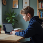 Jeune garçon en hoodie bleu étudiant à la maison