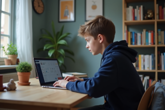 Jeune garçon en hoodie bleu étudiant à la maison