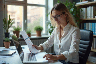 Jeune femme analyse un plan SEO dans un bureau lumineux