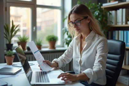 Jeune femme analyse un plan SEO dans un bureau lumineux