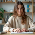 Jeune femme concentrée travaillant sur son ordinateur dans un bureau moderne