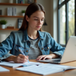 Jeune femme en bureau moderne travaillant sur son ordinateur