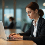 Jeune femme professionnelle gérant ses emails au bureau