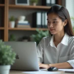 Jeune femme au bureau regardant son ordinateur