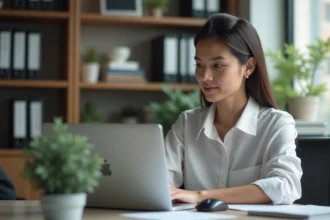 Jeune femme au bureau regardant son ordinateur