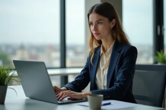 Jeune femme professionnelle travaillant sur son ordinateur à Rouen