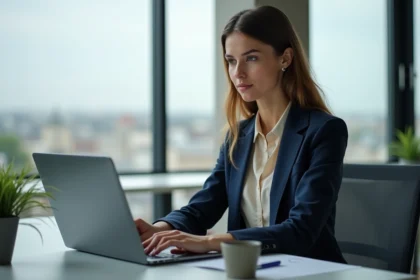 Jeune femme professionnelle travaillant sur son ordinateur à Rouen