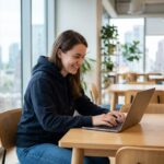 Jeune femme en hoodie code dans un espace coworking