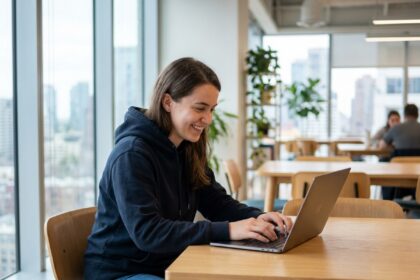 Jeune femme en hoodie code dans un espace coworking