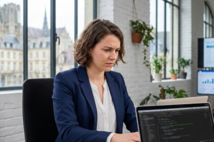 Jeune femme professionnelle code dans un coworking à Reims