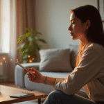 Jeune femme utilisant la commande vocale sur un haut-parleur intelligent dans un salon moderne