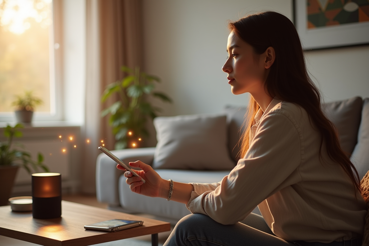 Jeune femme utilisant la commande vocale sur un haut-parleur intelligent dans un salon moderne