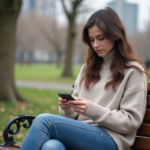 Jeune femme assise dans un parc urbain contemplant son smartphone