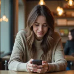 Jeune femme en café moderne utilisant son smartphone