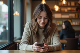 Jeune femme en café moderne utilisant son smartphone