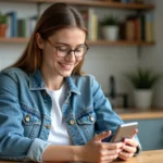 Jeune femme inspectant un smartphone reconditionne dans un appartement lumineux