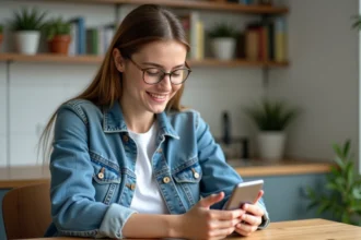 Jeune femme inspectant un smartphone reconditionne dans un appartement lumineux