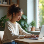 Jeune femme concentrée travaillant sur un laptop dans un bureau lumineux