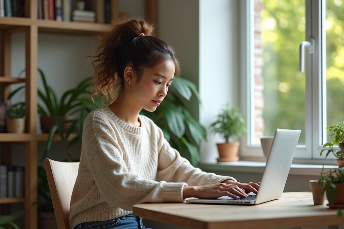 Jeune femme concentrée travaillant sur un laptop dans un bureau lumineux