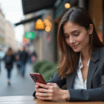 Jeune femme professionnelle souriante avec smartphone en ville