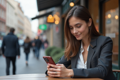Jeune femme professionnelle souriante avec smartphone en ville