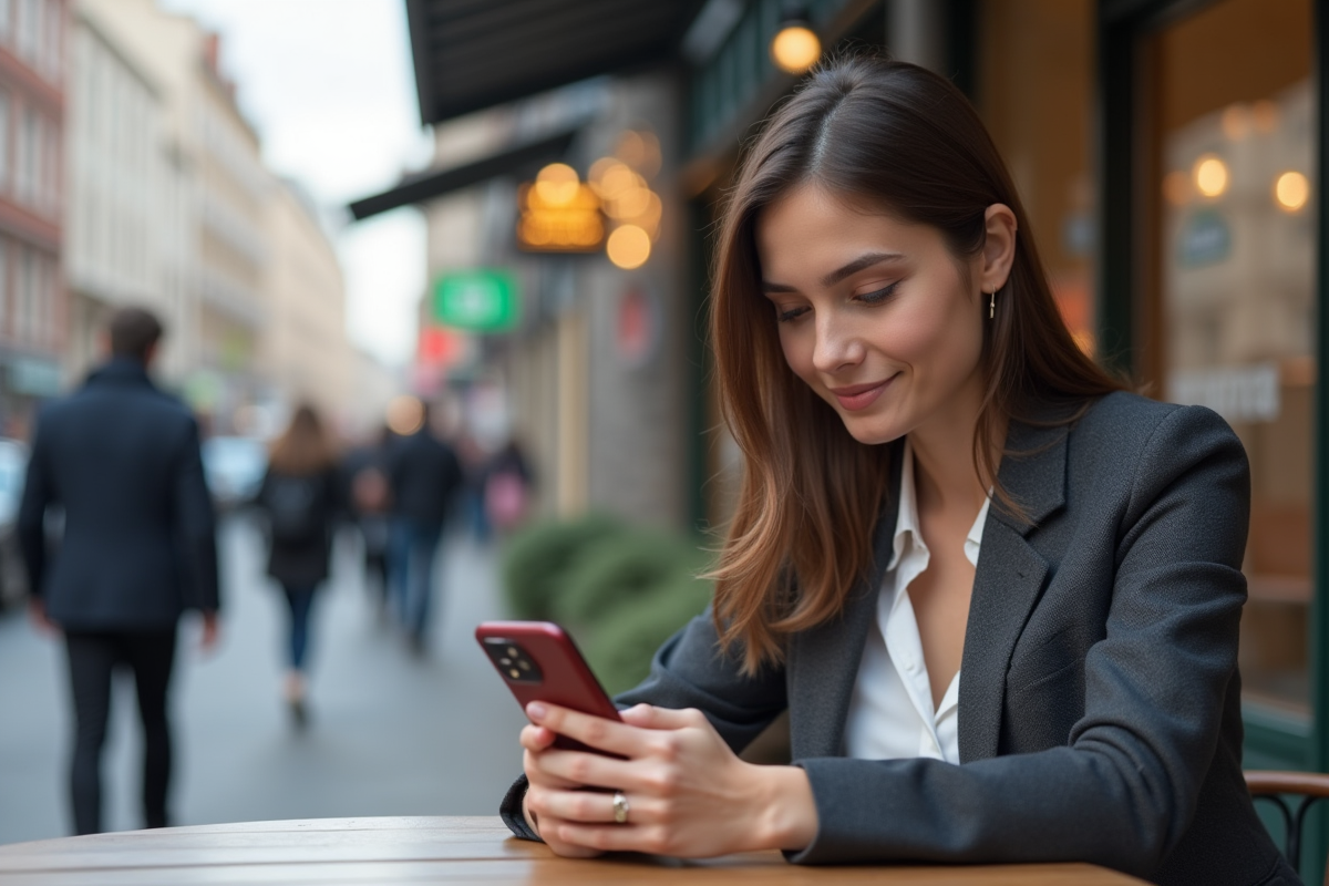 Jeune femme professionnelle souriante avec smartphone en ville
