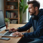 Jeune homme concentré travaillant sur son ordinateur dans un bureau moderne